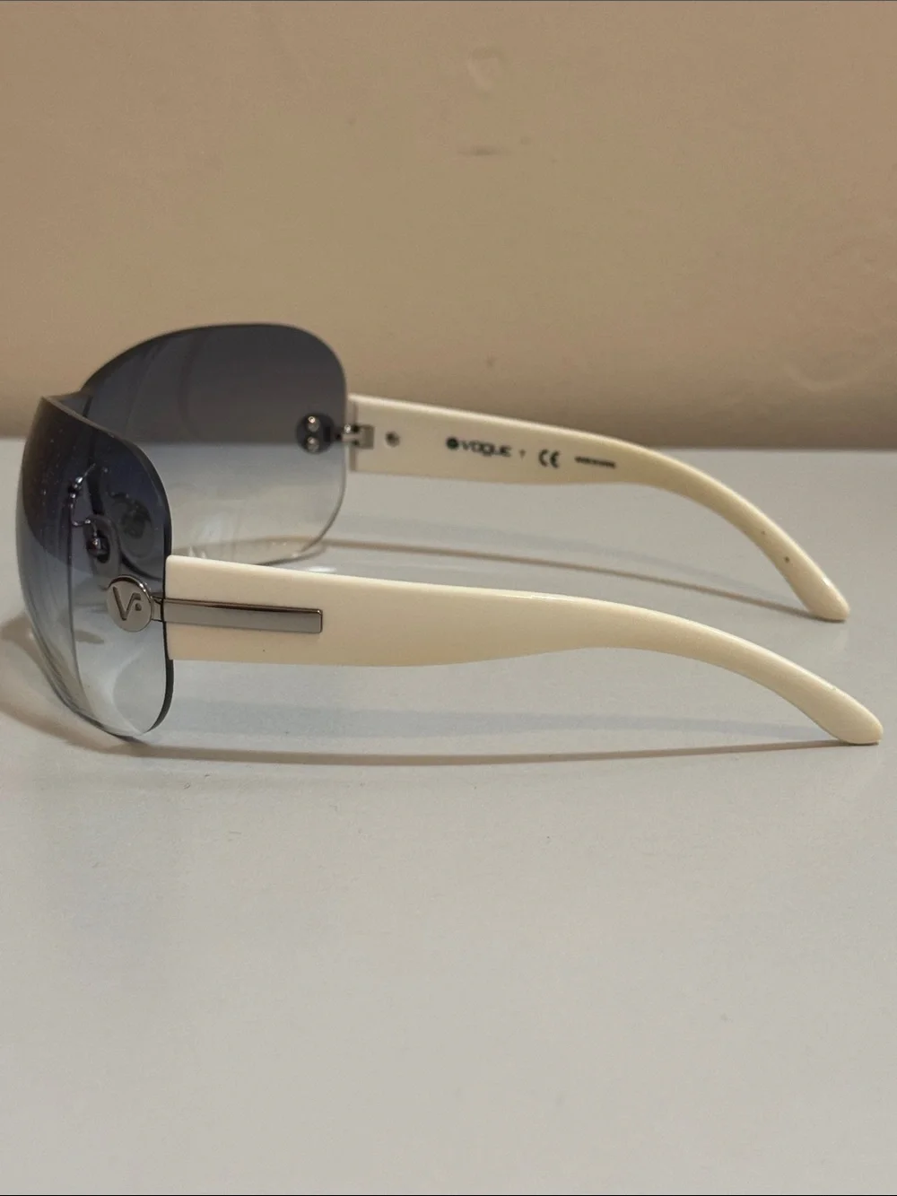 Vogue Women's White-Arm Shield Sunglasses with Gradient Blue Lens